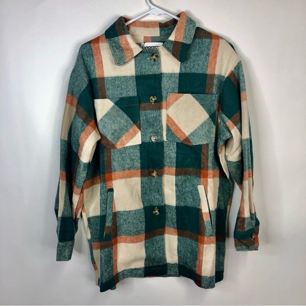 Shacket jade green and coral plaid long sleeve button down XS New